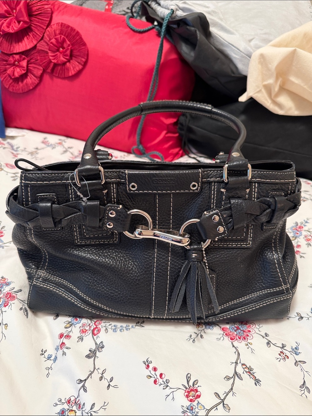 Coach Black Pebbled Leather Shoulder Bag with Tassel and Silver Hardware